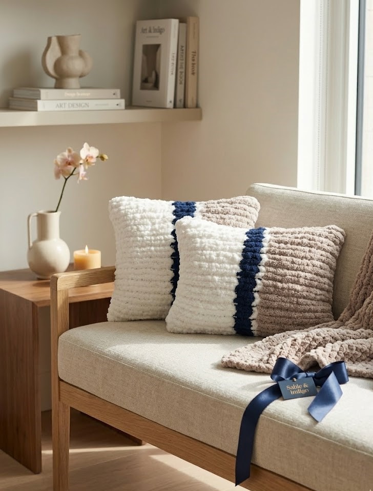 Set Home Decor "Indigo & Sable" – Plaid XXL e 2 Cuscini Chunky Knit – Fatto a Mano	